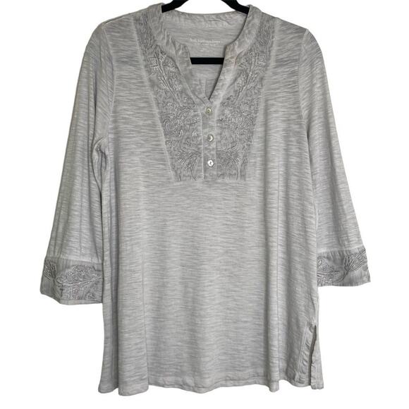 Soft Surroundings Gray Embroidered Cotton Blend 3/4 Sleeve Tunic Top Small - Picture 1 of 13